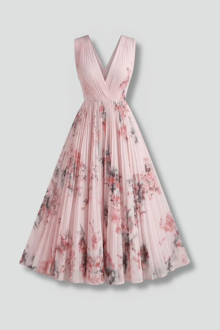 Women’s Sleeveless Dress with V-Neck and Pleated Skirt