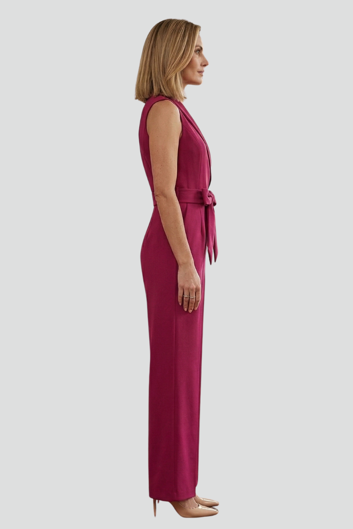 Women’s Sleeveless Jumpsuit with V-Neck and Tie Waist