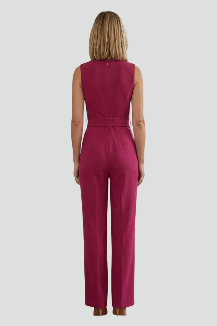Women’s Sleeveless Jumpsuit with V-Neck and Tie Waist