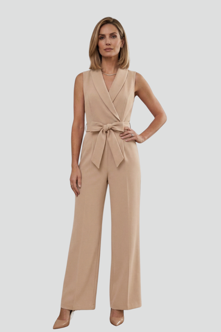 Women’s Sleeveless Jumpsuit with V-Neck and Tie Waist