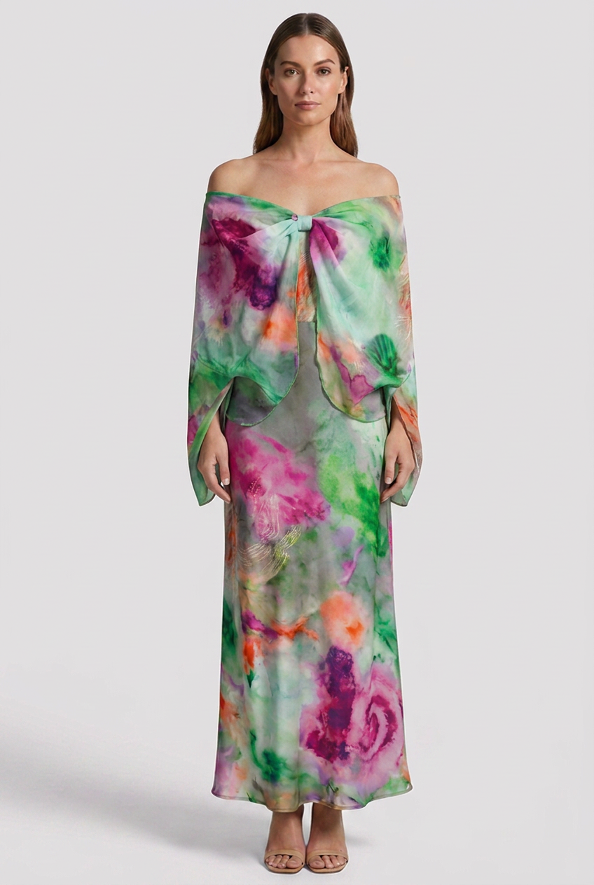 Women's Sleeveless Maxi Dress with Printed Scarf and Halo Pattern