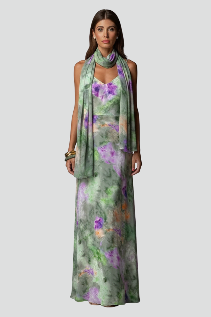 Women's Sleeveless Maxi Dress with Printed Scarf and Halo Pattern