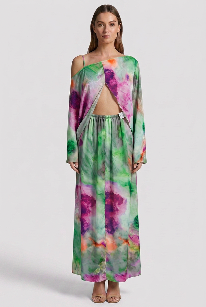 Women's Sleeveless Maxi Dress with Printed Scarf and Halo Pattern