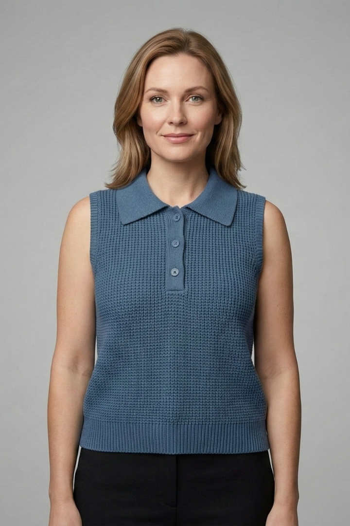 Women’s Sleeveless Polo Top with Button Placket and Textured Surface