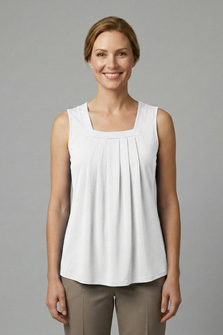 Women’s Sleeveless Top with Round Neck and Pleated Front
