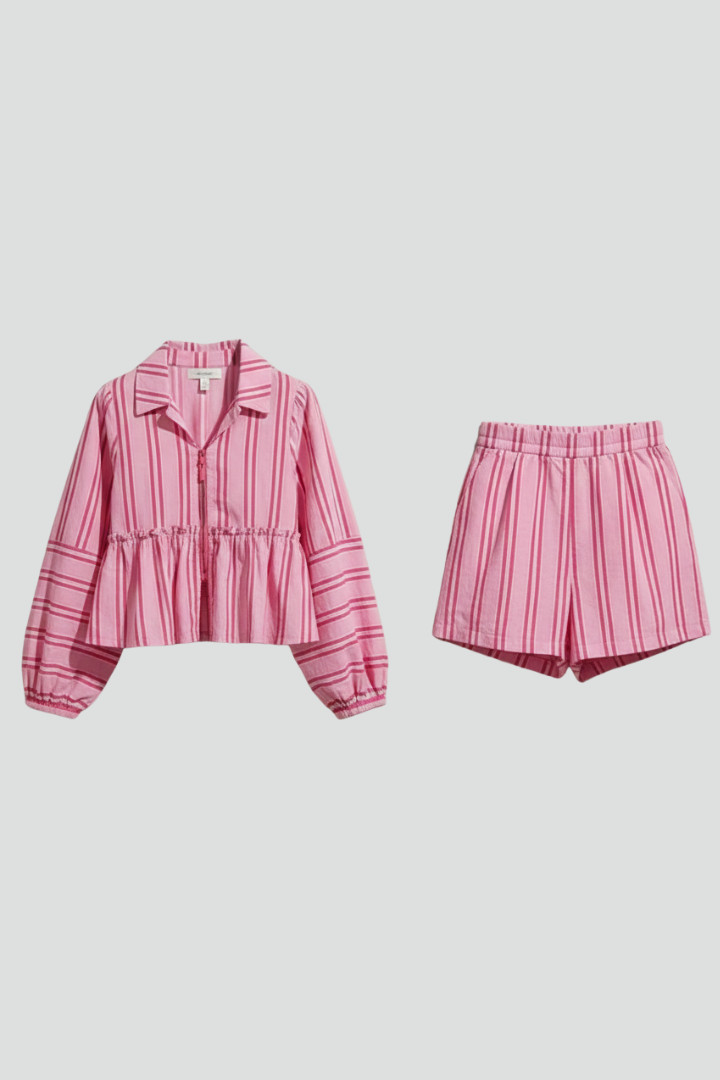 Women’s Striped Long-Sleeve Top and High-Waisted Shorts Set