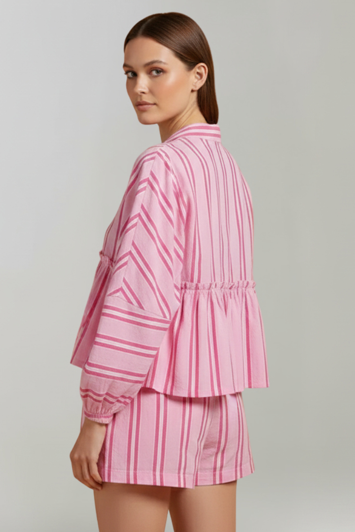 Women’s Striped Long-Sleeve Top and High-Waisted Shorts Set
