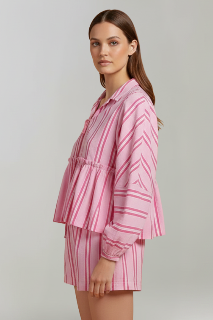Women’s Striped Long-Sleeve Top and High-Waisted Shorts Set