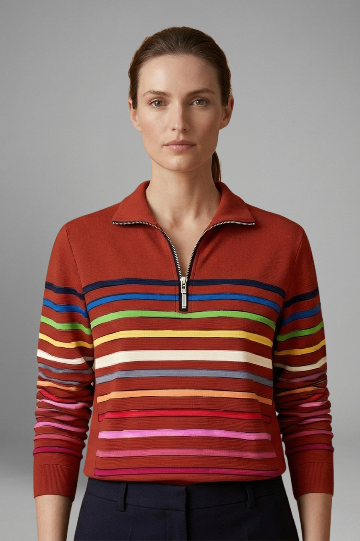 Women’s Sweatshirt with Half Zip and Striped Pattern