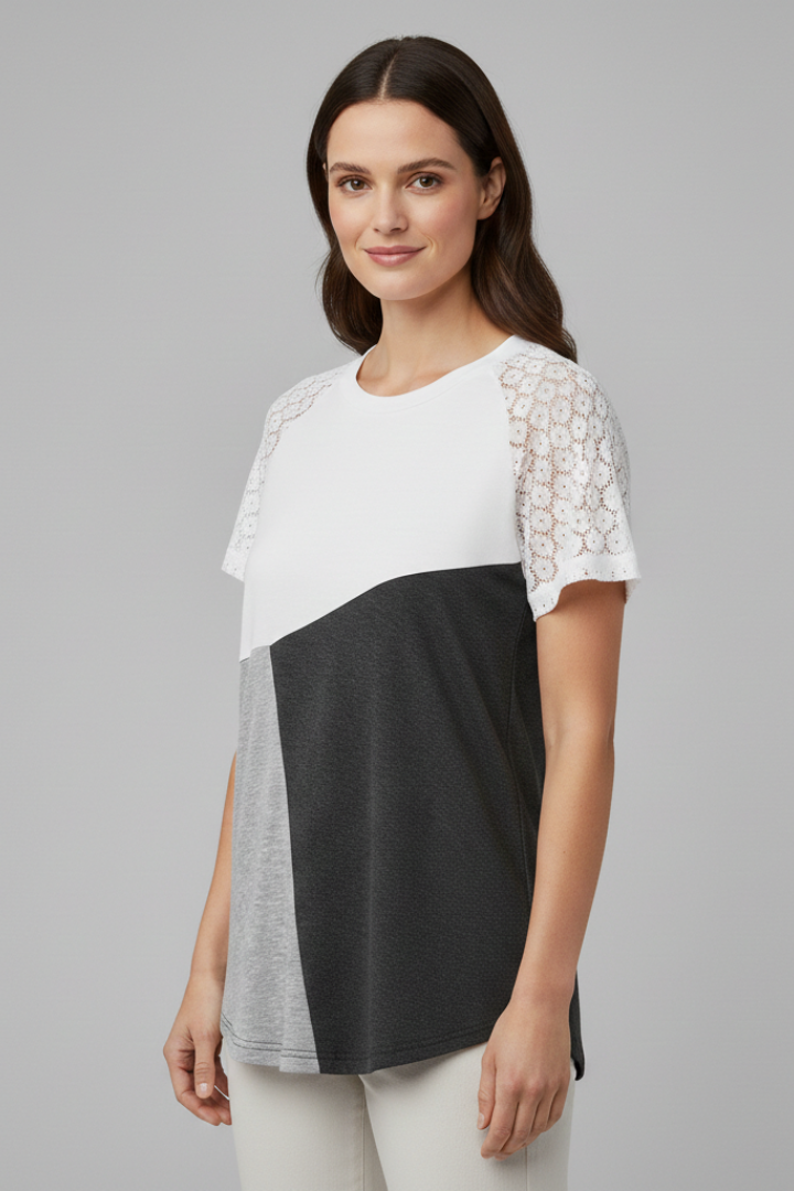 Women’s T-Shirt with Lace Sleeves and Colour Block Design