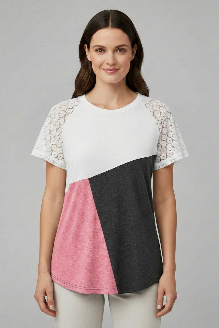 Women’s T-Shirt with Lace Sleeves and Colour Block Design