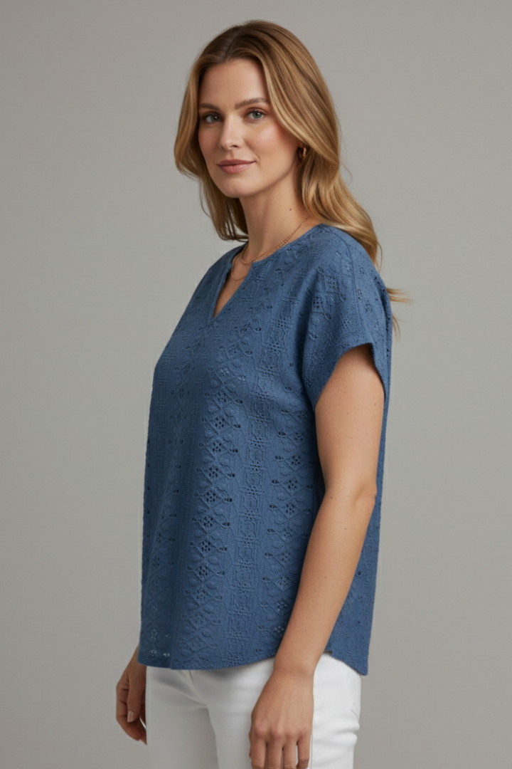 Women’s T-Shirt with Notched Neckline and Eyelet Surface
