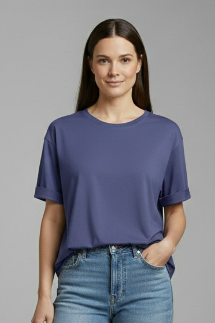 Women’s T-Shirt with Round Neckline and Rolled Sleeves