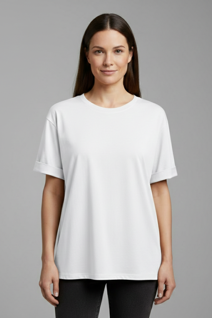 Women’s T-Shirt with Round Neckline and Rolled Sleeves