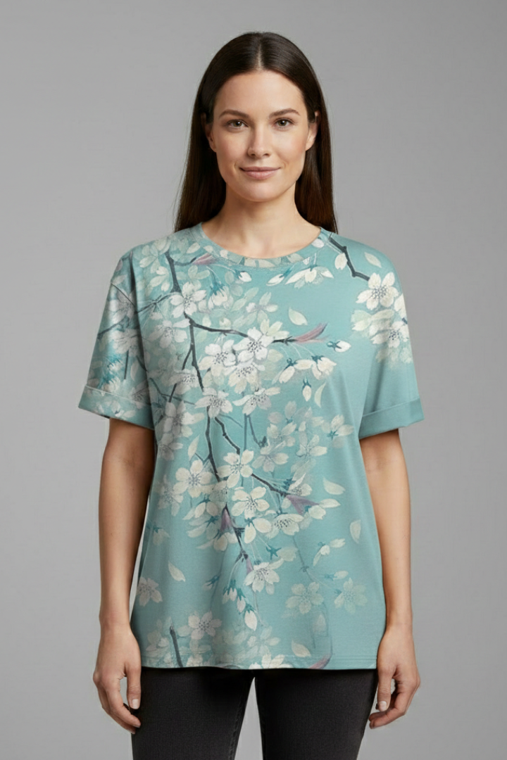 Women’s T-Shirt with Round Neckline and Rolled Sleeves
