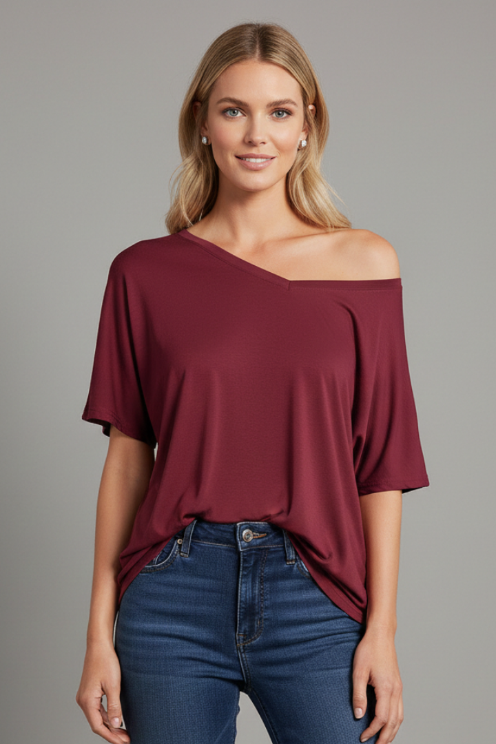 Women’s T-shirt with Asymmetrical Neckline and Loose Fit