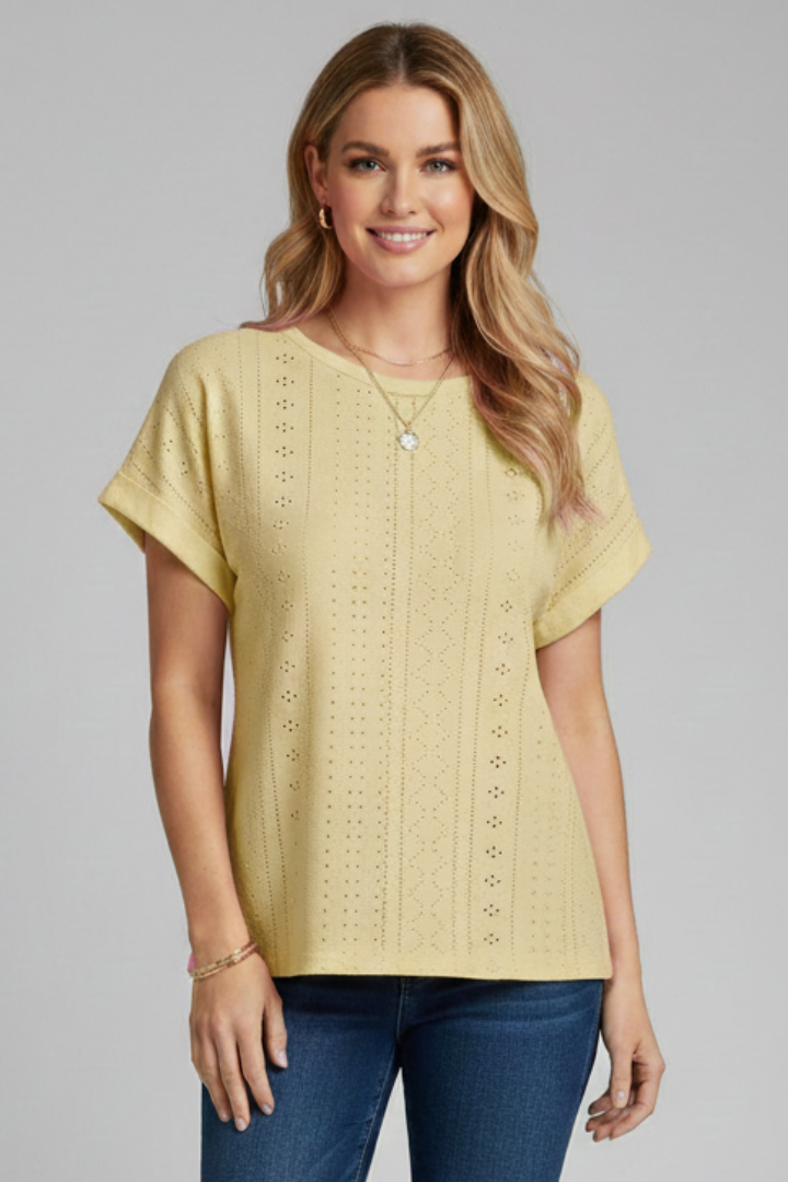 Women’s T-shirt with Round Neckline and Eyelet Pattern