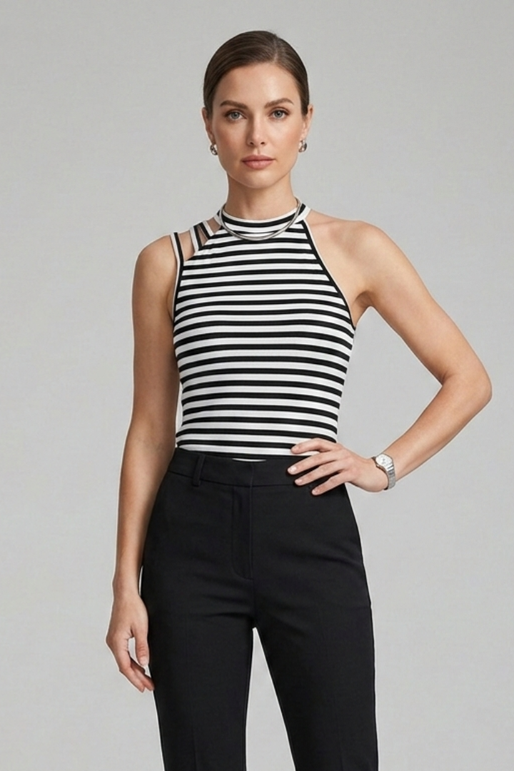 Women’s Tank Top with High Neck and Striped Surface