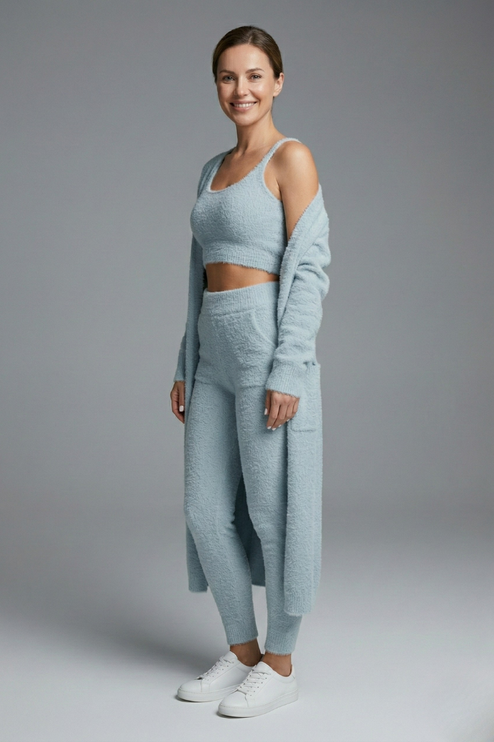 Women’s Three Piece Set with Crop Top and Open Cardigan
