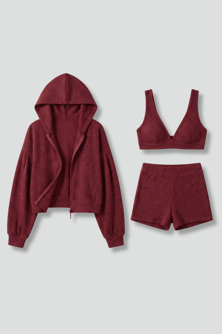 Women’s Three Piece Set with Hooded Jacket and Shorts