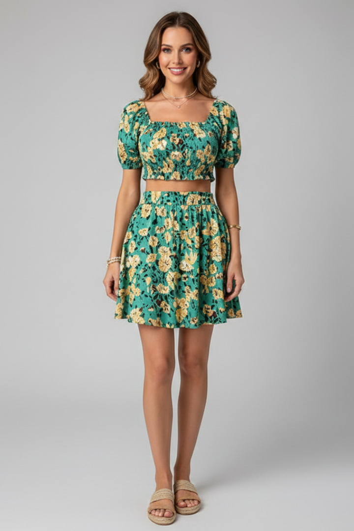 Women’s Top and Skirt Set with Square Neck and Elastic Waist