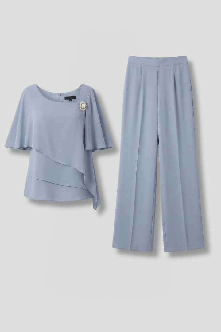 Women’s Top and Trousers Set with Layered Top and Straight Legs