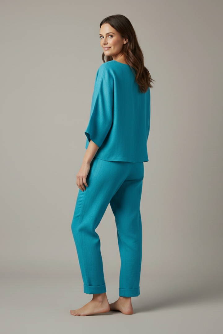 Women’s Top and Trousers Set with Round Neck and Elastic Waistband