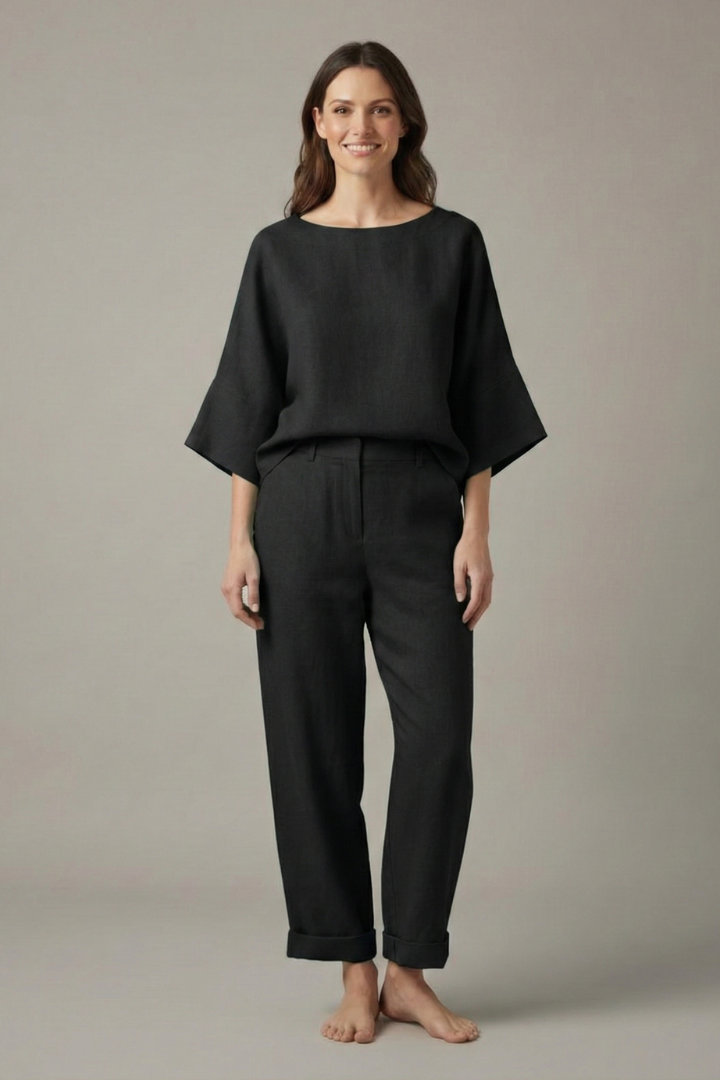Women’s Top and Trousers Set with Round Neck and Elastic Waistband