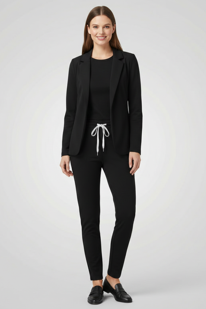 Women’s Trouser Set with Lapel Collar and Elastic Waistband