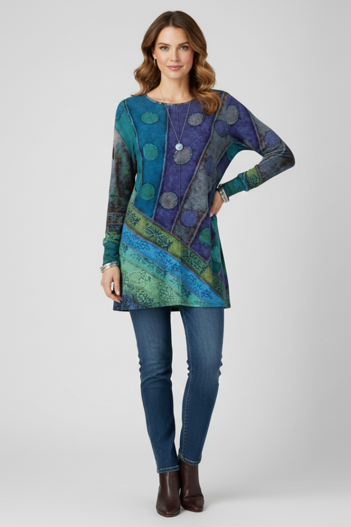 Women’s Tunic Top with Patchwork Pattern and Ribbed Cuffs