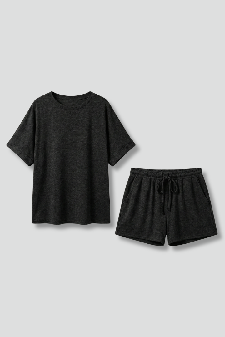 Women’s Two-Piece Set with Batwing Top and Drawstring Shorts