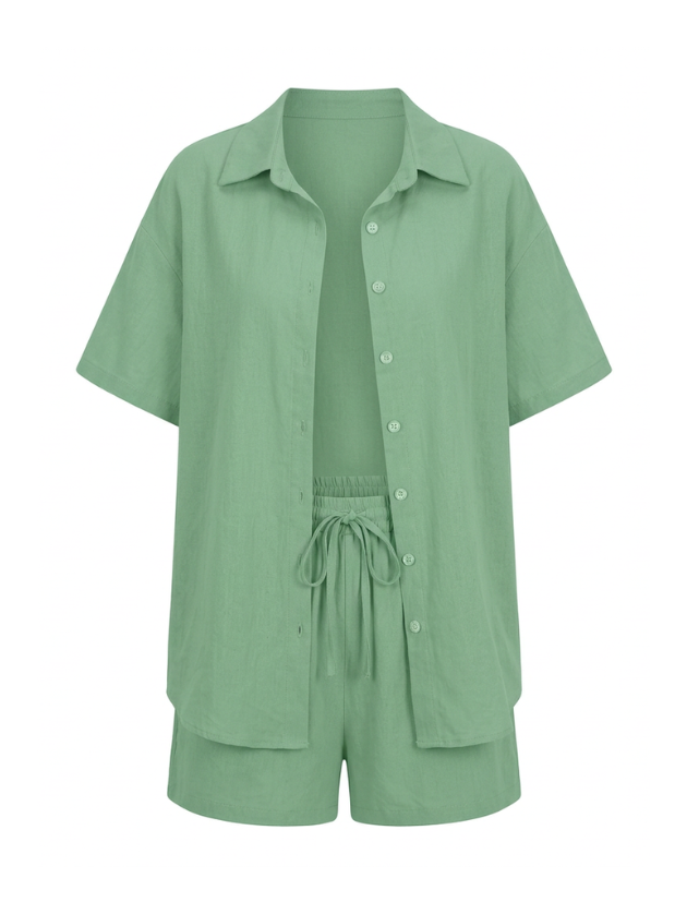 Women’s Two-Piece Set with Button Shirt and Drawstring Shorts