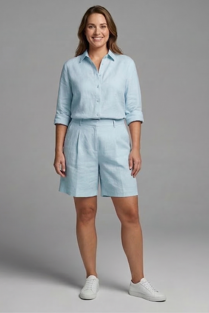 Women’s Two-Piece Set with Button Shirt and Wide Shorts