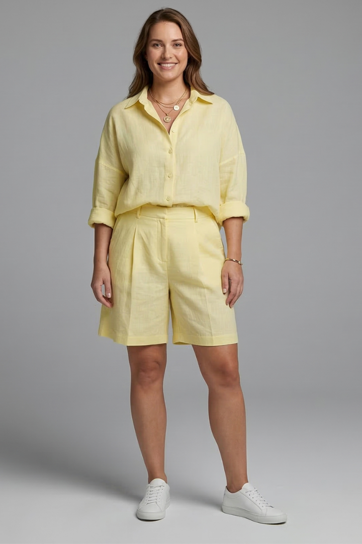 Women’s Two-Piece Set with Button Shirt and Wide Shorts