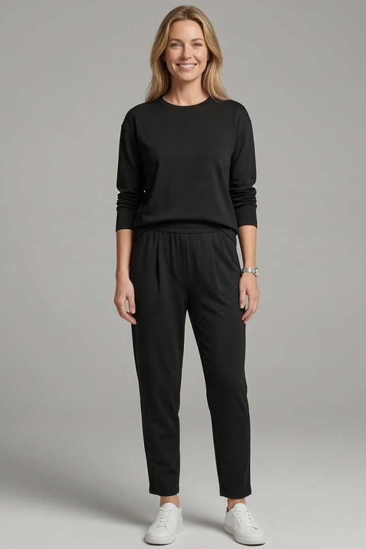 Women’s Two-Piece Set with Crew Neck Top and Tapered Trousers
