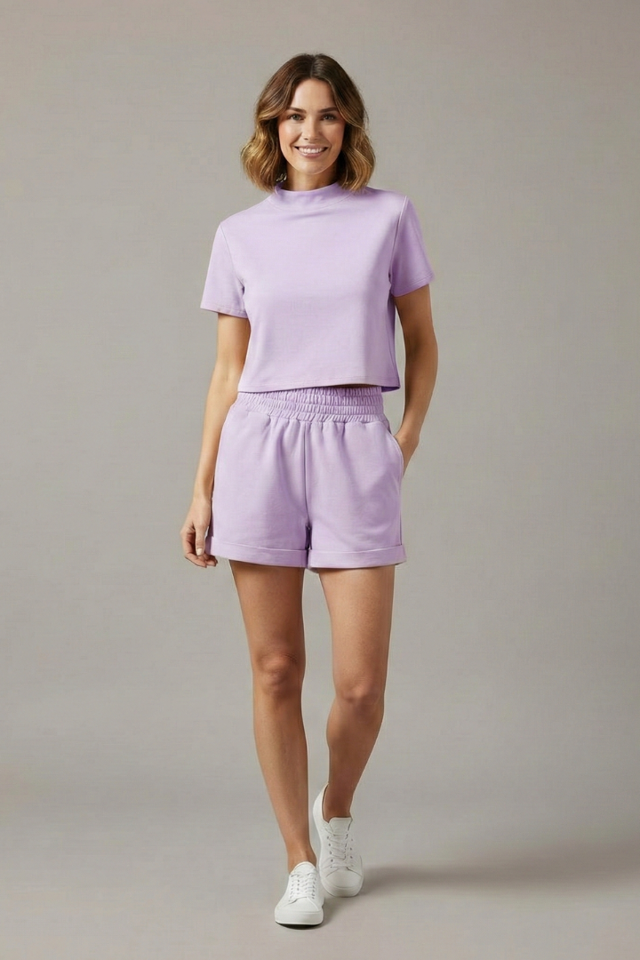 Women’s Two-Piece Set with Crop Top and Elastic Waist Shorts