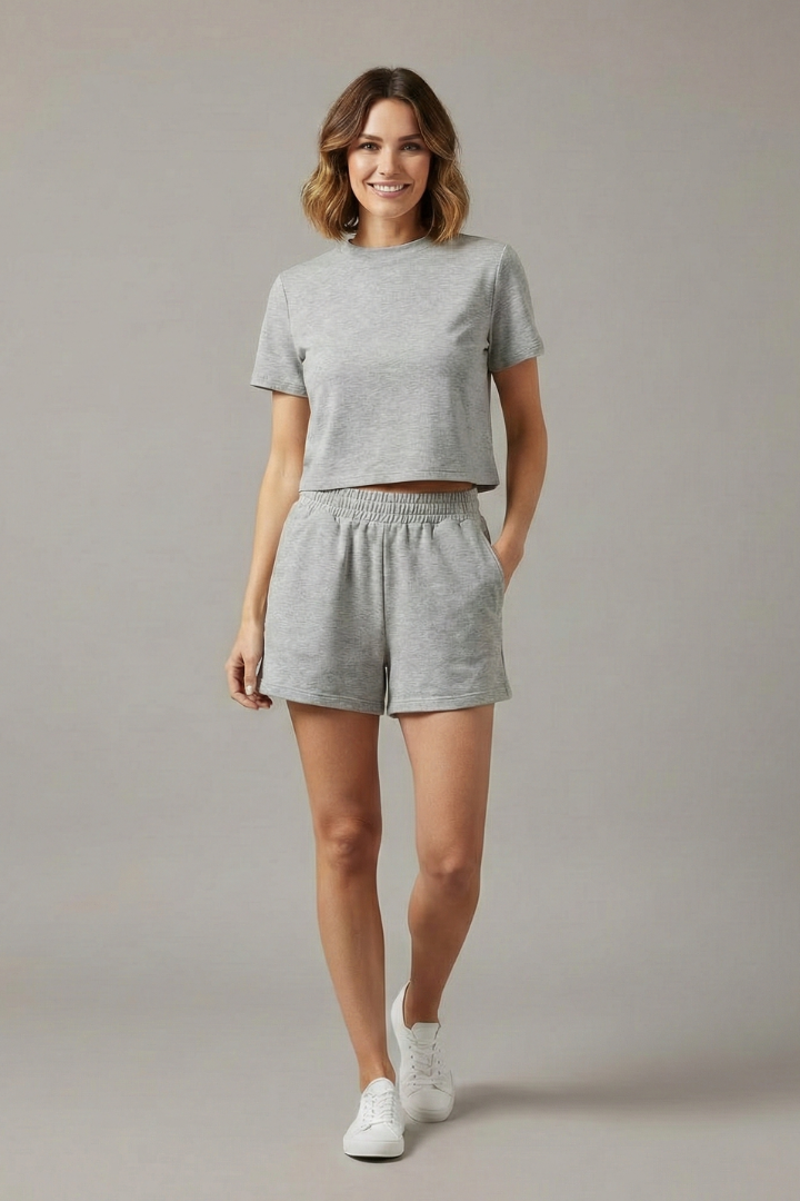 Women’s Two-Piece Set with Crop Top and Elastic Waist Shorts