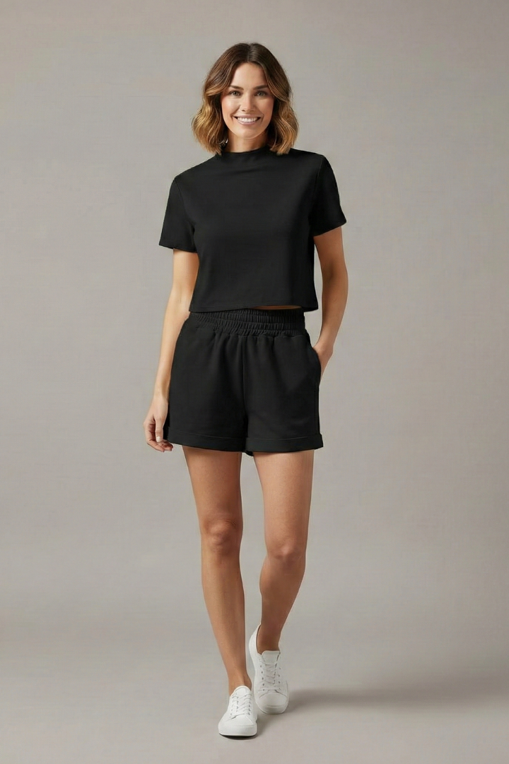 Women’s Two-Piece Set with Crop Top and Elastic Waist Shorts