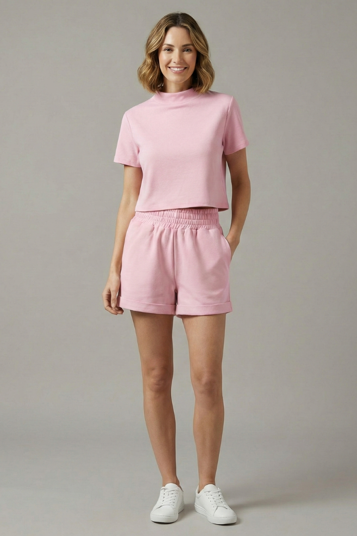 Women’s Two-Piece Set with Crop Top and Elastic Waist Shorts
