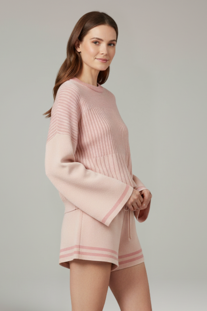Women’s Two-Piece Set with Long Sleeve Top and Drawstring Shorts