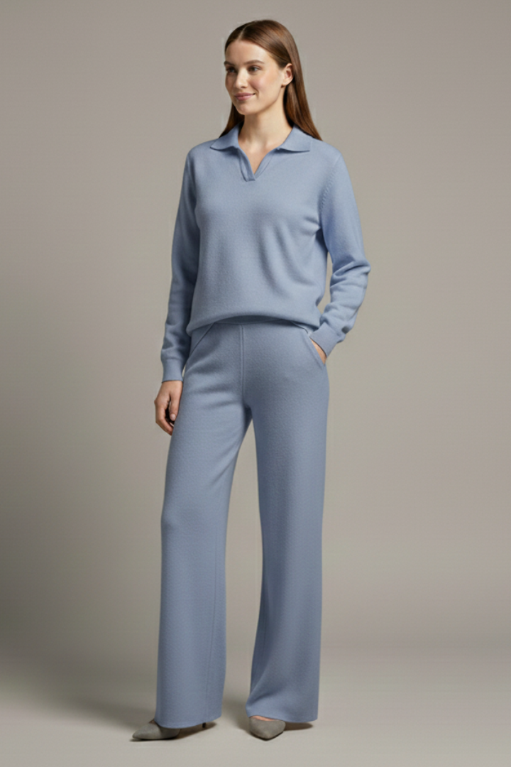 Women’s Two-Piece Set with Polo Collar Top and Wide-Leg Pants