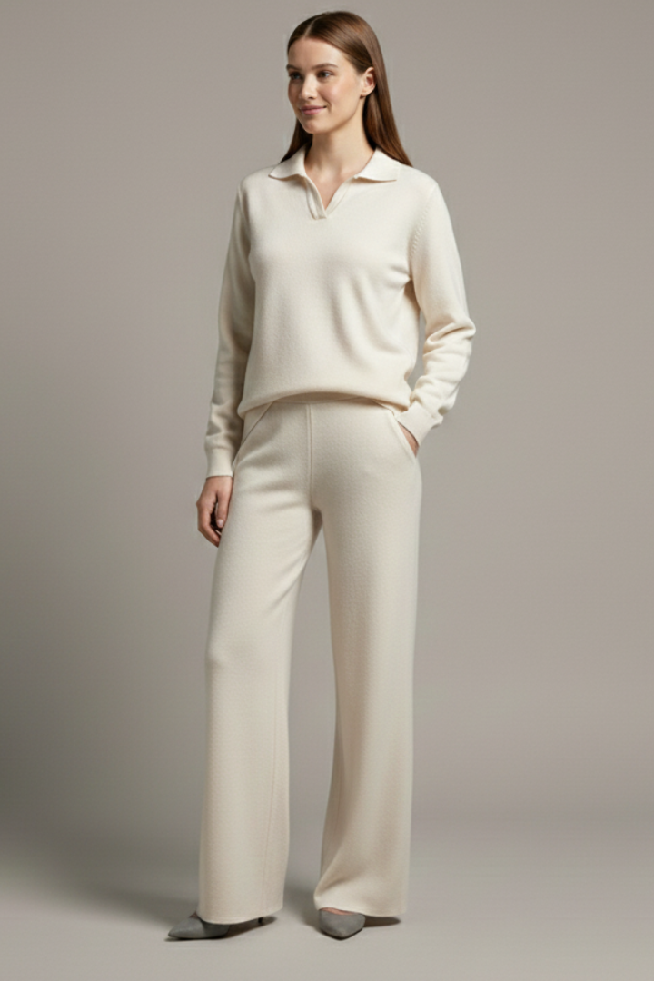 Women’s Two-Piece Set with Polo Collar Top and Wide-Leg Pants