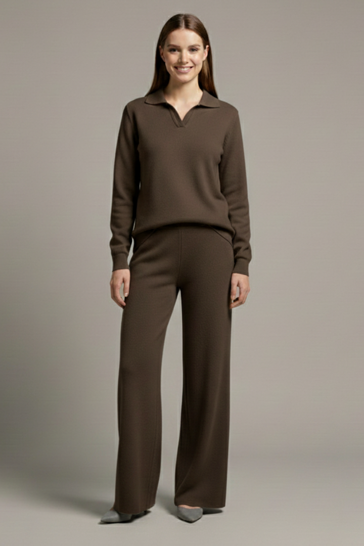 Women’s Two-Piece Set with Polo Collar Top and Wide-Leg Pants