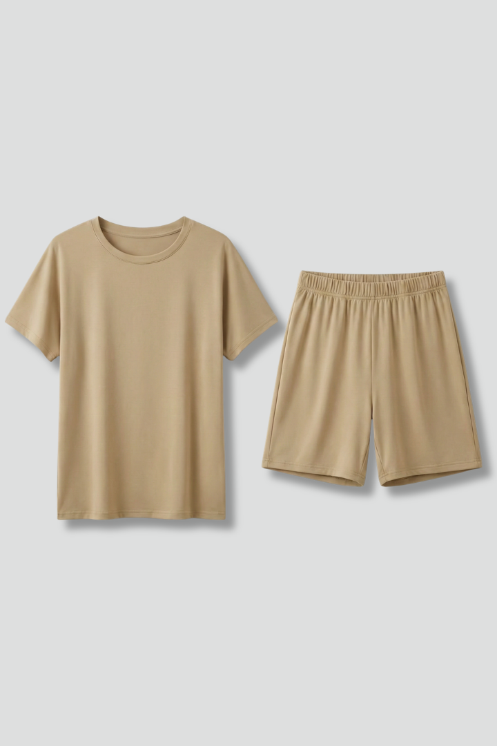 Women’s Two-Piece Set with Round Neck Top and Elastic Waist Shorts