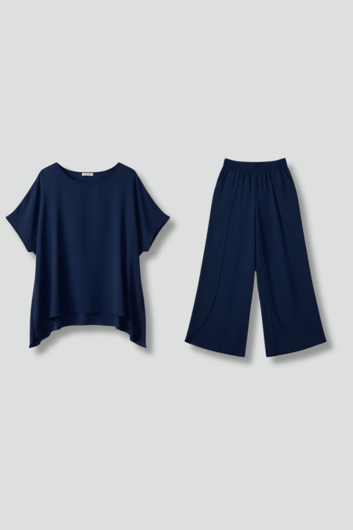 Women’s Two-Piece Set with Round Neck Top and Wide Trousers