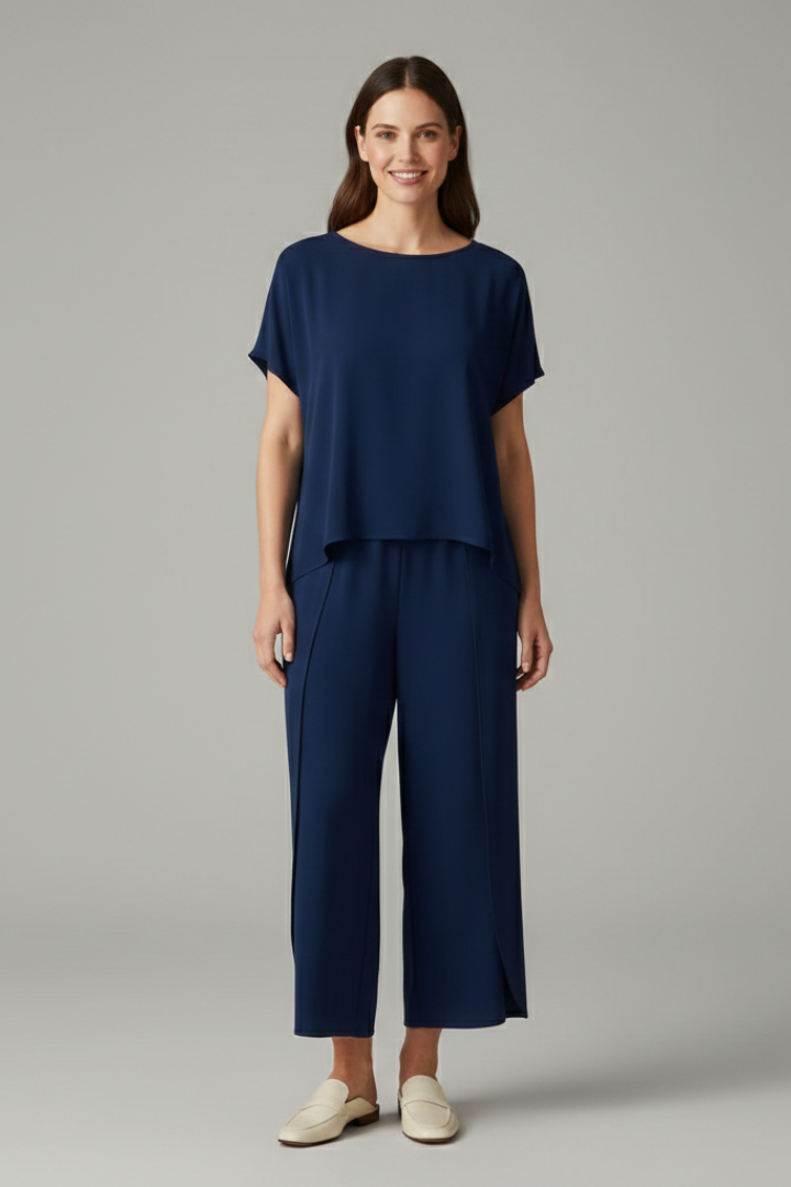 Women’s Two-Piece Set with Round Neck Top and Wide Trousers