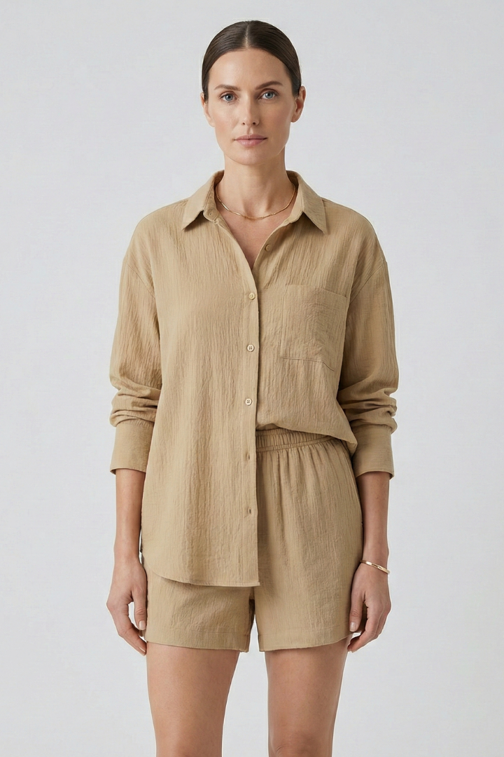 Women’s Two-Piece Set with Collared Shirt and Shorts