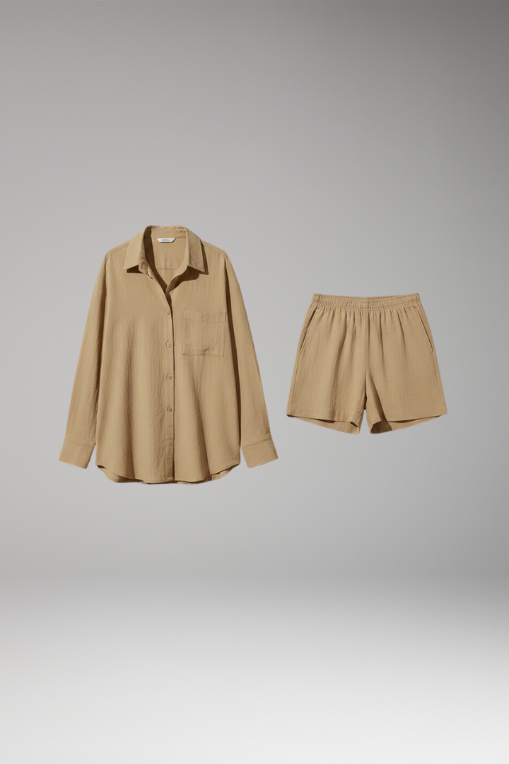 Women’s Two-Piece Set with Collared Shirt and Shorts