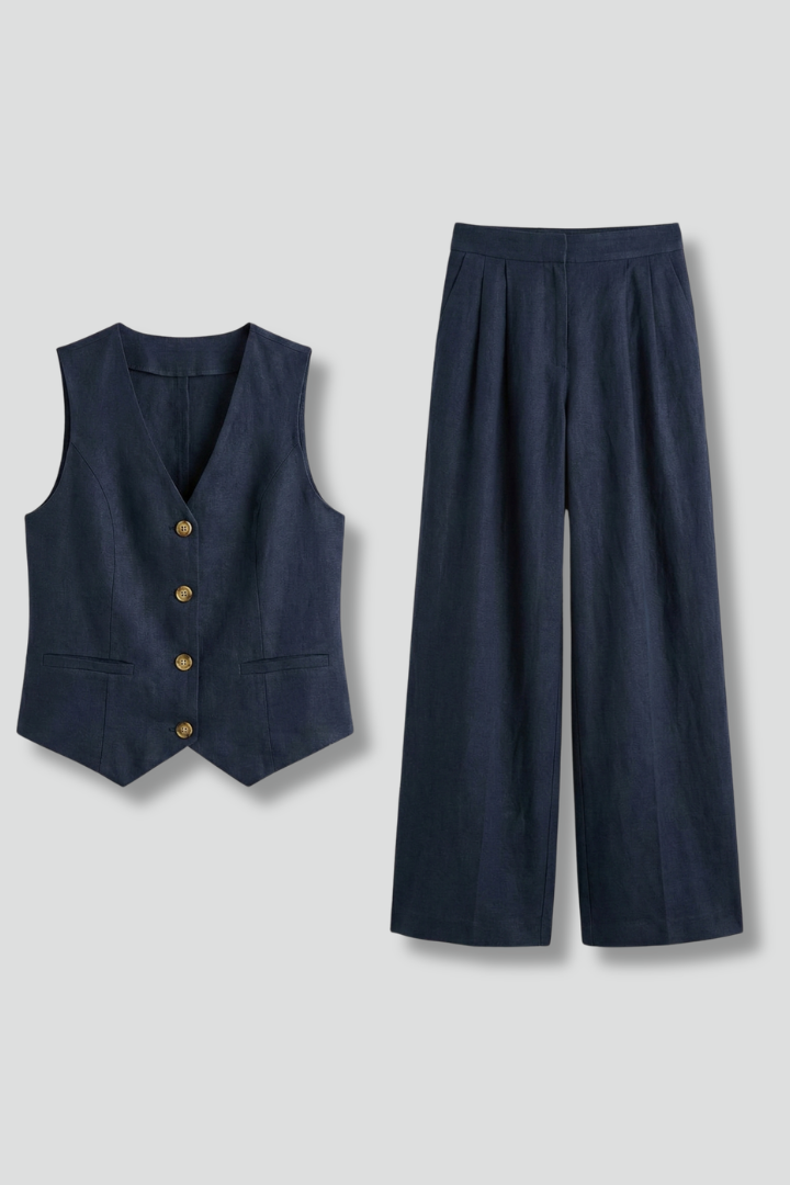 Women’s Two-Piece Set with V-Neck Waistcoat and Wide Trousers