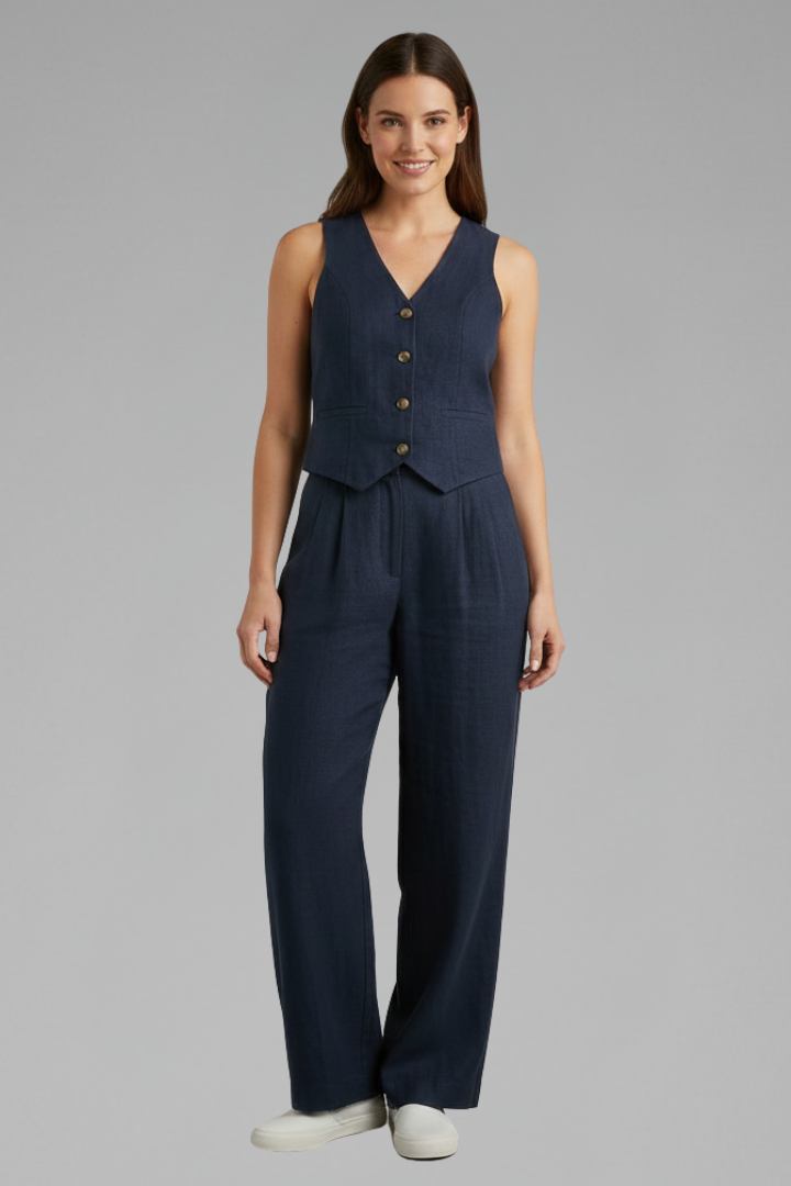 Women’s Two-Piece Set with V-Neck Waistcoat and Wide Trousers
